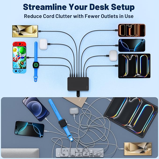 200W USB C Charging Station,8-Port GaN USB C Charger Block,PD 65W Desktop Charger, Power Strip Adapter Compatible with iPhone 17/16/ 15/14,MacBook Air/Pro,DELL,for iPad Pro,Galaxy and More,Black