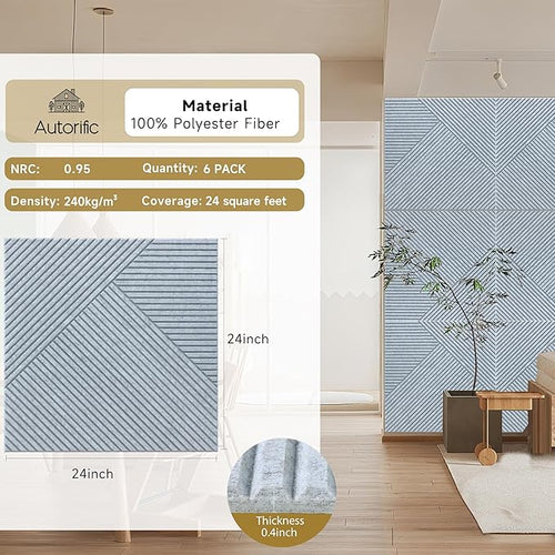 Acoustic Panels for Wall and Ceiling - 6 Pack 2'x2'x0.4",Self-Adhesive 3D Decorative Wall Panels,Silver Grey