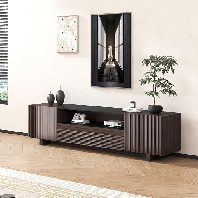 Epecoya TV Stand with Storage Cabinets for Living Room, Modern Wood Fluted TVs Media Console for 55/60/65 Inch TVs, Mid Century Television Stands with Drawer and Open Shelve for Bedroom, Dark Walnut