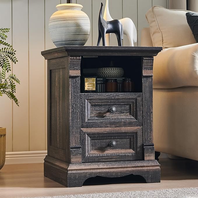 T4TREAM Farmhouse Nightstand Set of 2, 18" Sofa Side Table with Charging Station, Wood End Table w/Roman Column, Bedside Cabinet for Bedroom, Living Room, Dark Rustic Oak