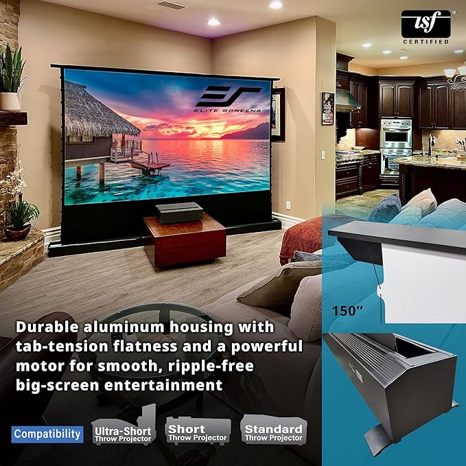 EliteProjector Screens Kestrel Tab-Tension 3 CineWhite, 183" Diag., 16:9 Aspect Ratio, ISF Certified 4K/8K Ultra HD Electric Floor-Rising Motorized Tab-Tensioned Front Projector Screen, FTE183H3