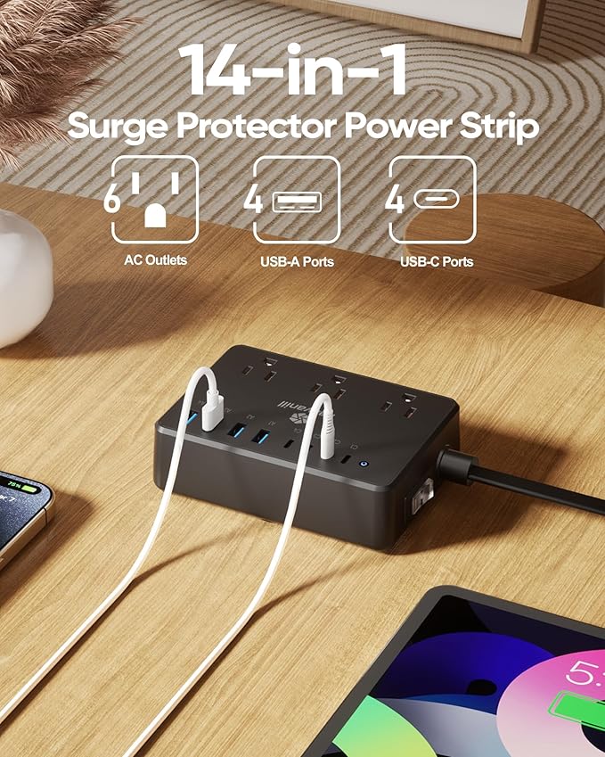 Kakyanill 100W Power Strip, 6 AC Outlets 8 USB Ports(4 USB C) with 2000J Surge Protector, 5ft Flat Plug Extension Cord, Compact for Desk Home Office Dorm, Black
