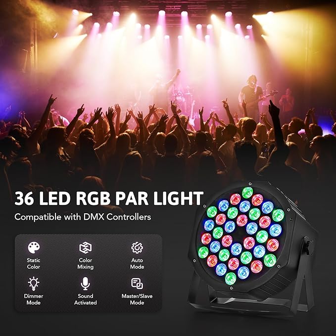 CO-Z 36 LED Stage Lights, RGB Par Lights with Remote Control, DMX Controller Compatible, DJ Lights Stage Lighting Indoor for Christmas Halloween Party, 4 Pack