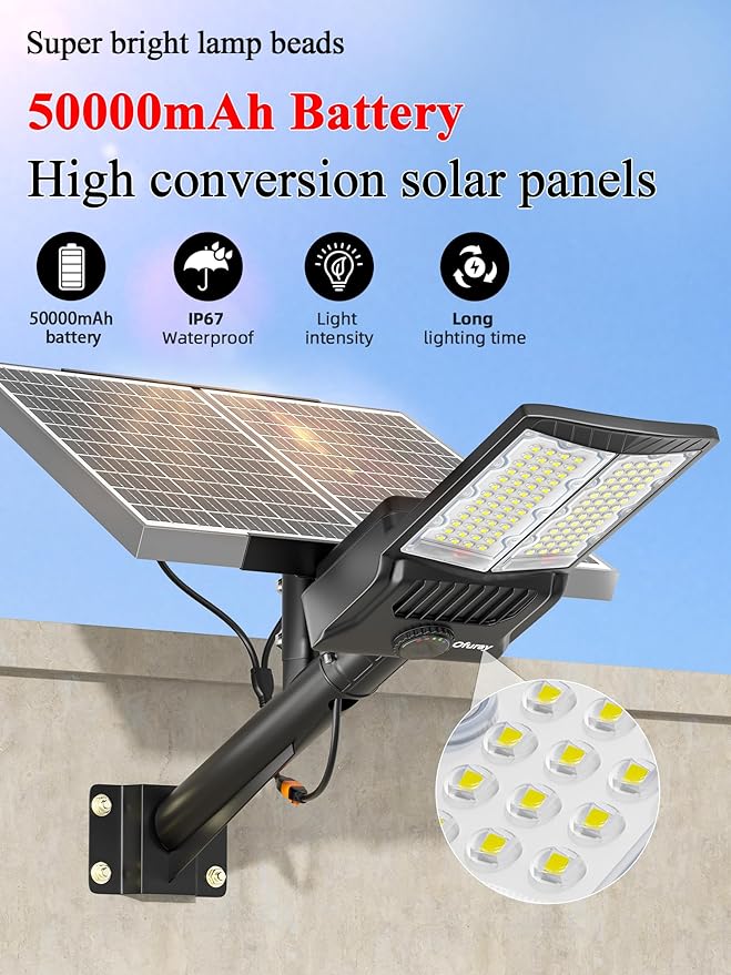 Ofuray OL-11000W Solar Street Lights Outdoor,Parking Lot Lights Commercial Dusk to Dawn up to 750,000lm, 50,000mAh Big Power Solar Security Flood Remote Control Without Motion Sensor for Street,Yark