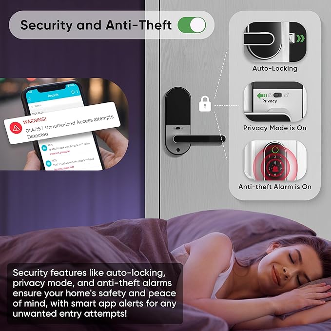 Keyless Entry Fingerprint Digital Smart Lock with Handle & Keypad: Electronic/Electric Lock with Code, App Control Biometric Deadbolt Door Knob for Front, Interior, Exterior & Bedroom Door (Silver)