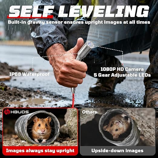 HBUDS Sewer Camera with 512Hz Sonde, Self Leveling 230ft Drain Camera with Meter Counter, 7mm Cable, 9" HD Screen 1080P Plumbing Cameras Snake with Light, 5100mAh Battery Pipe Inspection DVR 32GB