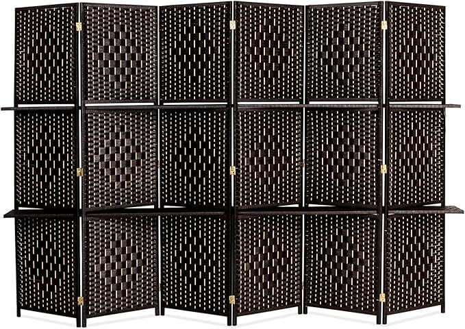 Bonnlo Upgraded Heavy Duty 6FT Tall Rattan Room Divider Screens with Partition Wall 2 Display Shelves, Indoor Folding Screen Dual-Sided Hinges for Home Office (6 Panels)