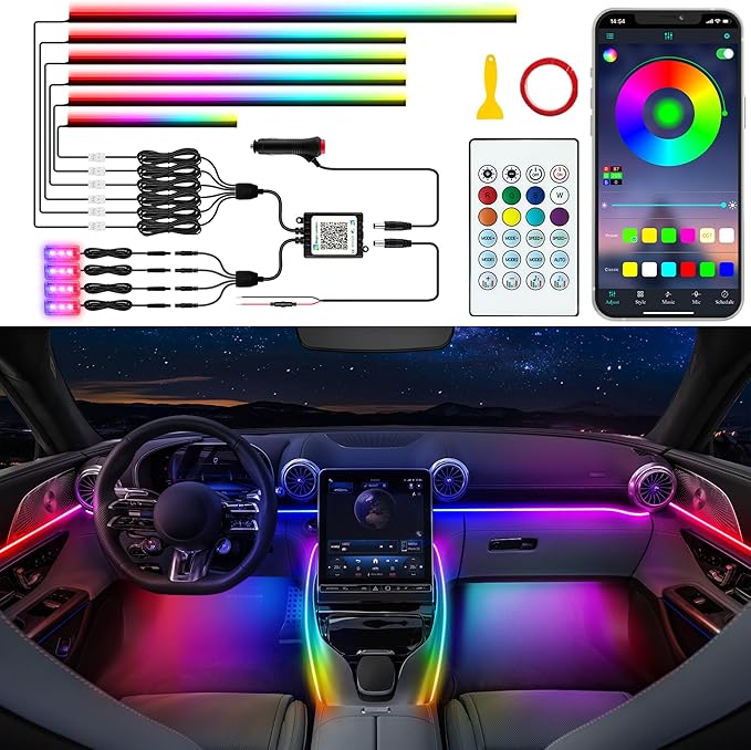 Jushope Acrylic LED Lights - Interior Car Ambient Lighting Kits with Dynamic Rainbow Dream Color Chasing, Music Sync (10 in 1(4*29.5+43.3+14.5 inches+4 Footwell Lights))