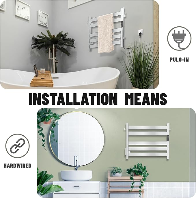 K&KALONZO Towel Warmer for Bathroom, Wall-Mounted 5-Bar Heated Towel Rack with Built-in Timer, Waterproof Electric Towel Heater, Support Plug-in and Hardwired, Polished, EL18S