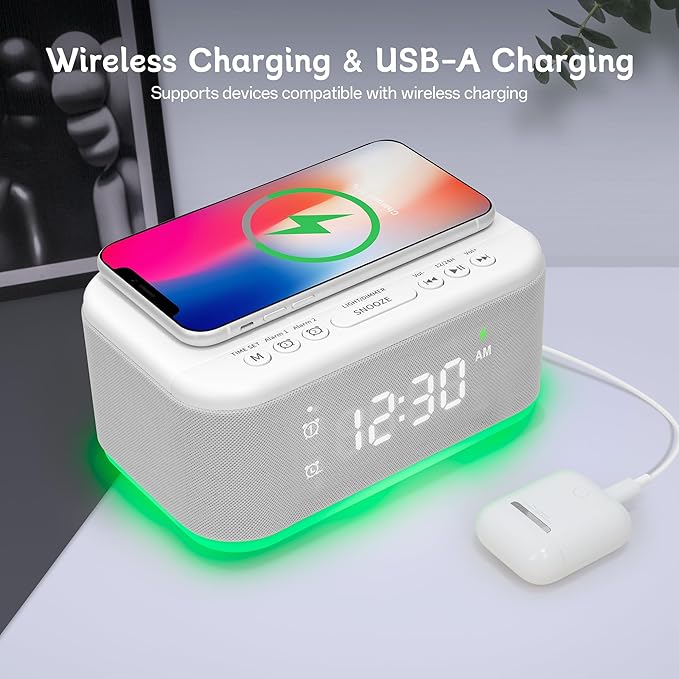 Bluetooth Alarm Clock Radio Bedroom, Digital Dual Alarm Clock Bedroom, Up to 10 Alarms Clock Night Light Speaker App/Button Control FM Charge Snooze Adjustable Brightness Dim 12/24H, White