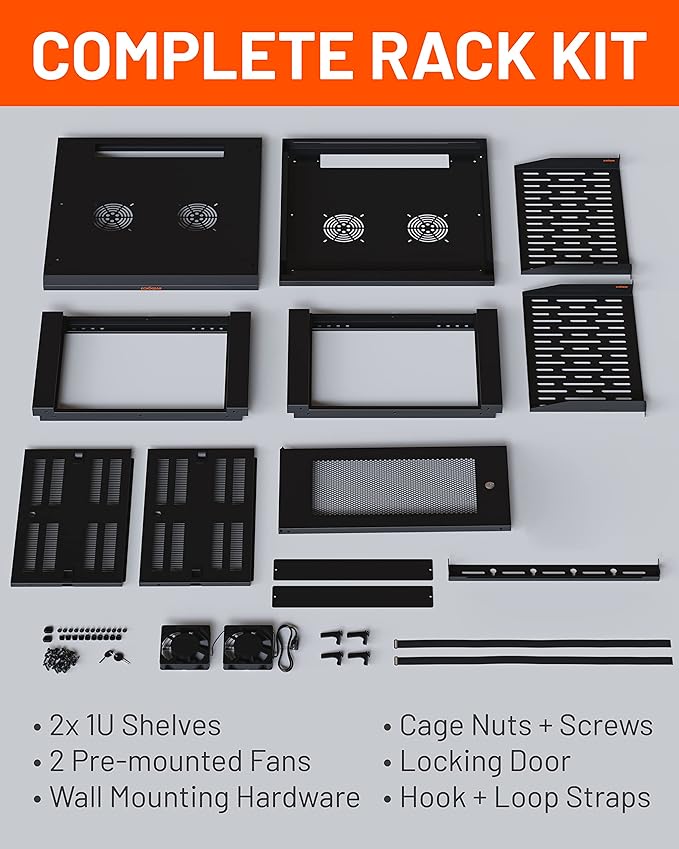 ECHOGEAR 6U Network Rack - Enclosed Wall Mount Rack Kit Includes 2X 1U Shelves, Pre-Mounted Fan, Lockable Door & Hardware - 600mm Depth Fits All Your AV Gear