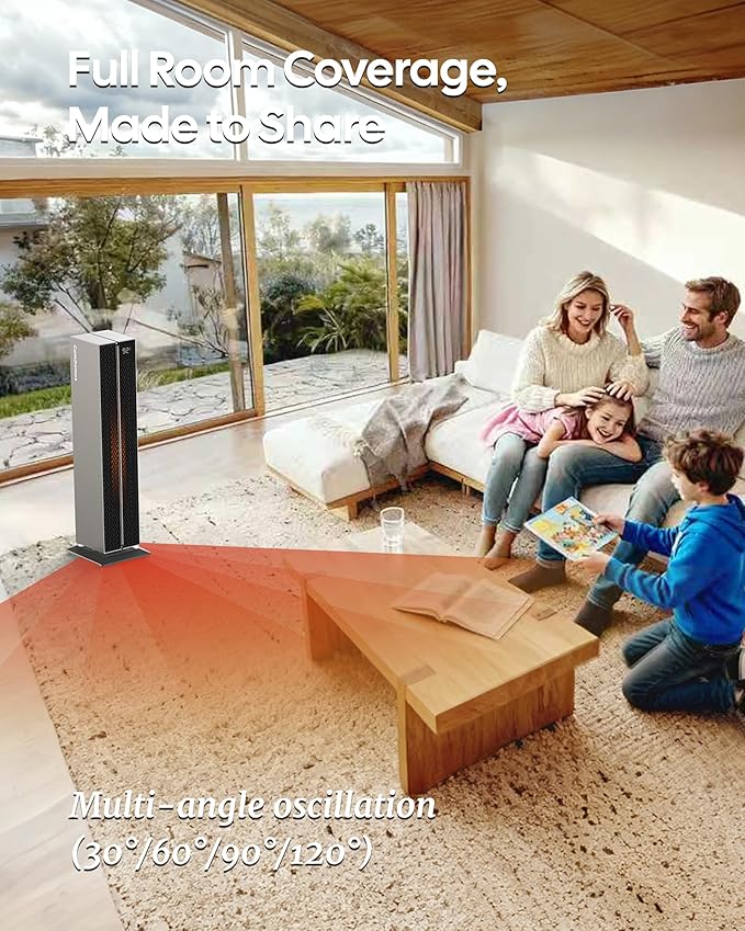ComDomus Electric Heaters for Indoor Use, 32” Space Heater Large Room with Remote, 120° Oscillation, 5 Heat Levels, 3 Modes, Multiple Safety Protections, 1500W Ceramic Tower Heater for Bedroom, Silver