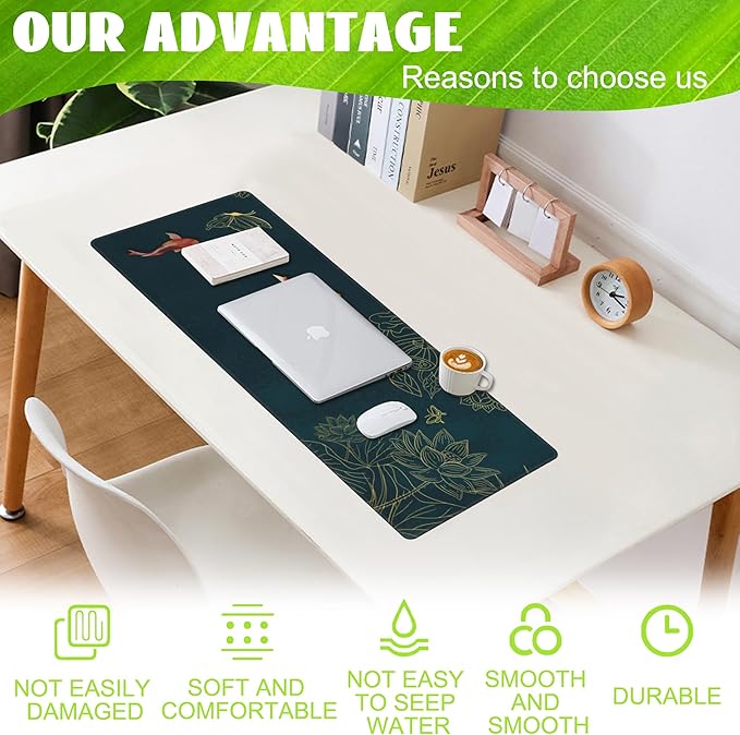 Eflxamz Large Gaming Mouse Pad, Koi Fish Ink Painting Desk Mat, Golden Line Lotus Desk Pad, Extended Big Computer Keyboard Mouse Pad with Non-Slip Base and Stitched Edge, 31.5"x11.8"