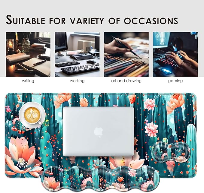 BFUKVOU Large Keyboard Mouse Pad Set, Extended Mouse Pad+Keyboard Wrist Rest Support, Memory Foam Ergonomic Easy Typing, 4Pcs (31.5×11.8 in) Desk Pad Set for Office Home,Cute Cactus Blooming Flowers