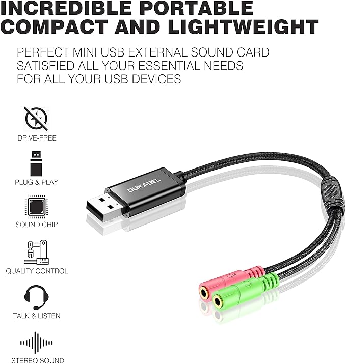 DuKabel USB to 3.5mm Jack TRS AUX Adapter for Built-in Chip Sound Card for Headset with Separate Plug TRS 3 Pole Microphones [Metal Housing & Durable Braided / 9.8inch]