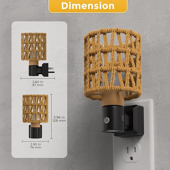 L LOHAS LED Night Lights Plug into Wall, 2 Pack Cylindrical Ironwork Boho Lampshade Decor Night Light, 350° Rotatable Dusk to Dawn Sensor Vintage Nightlight, Dimmable for Bedroom Living Room Hallway