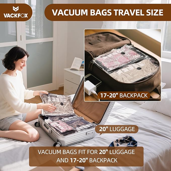 VACKFOX 18 Pack Travel Vacuum Bags for Clothing with Electric Pump, Compression Seal Packing Cubes for Luggage Suitcase Backpack, Carry-on Size Space Saver Storage Bags for Vacation Cruise