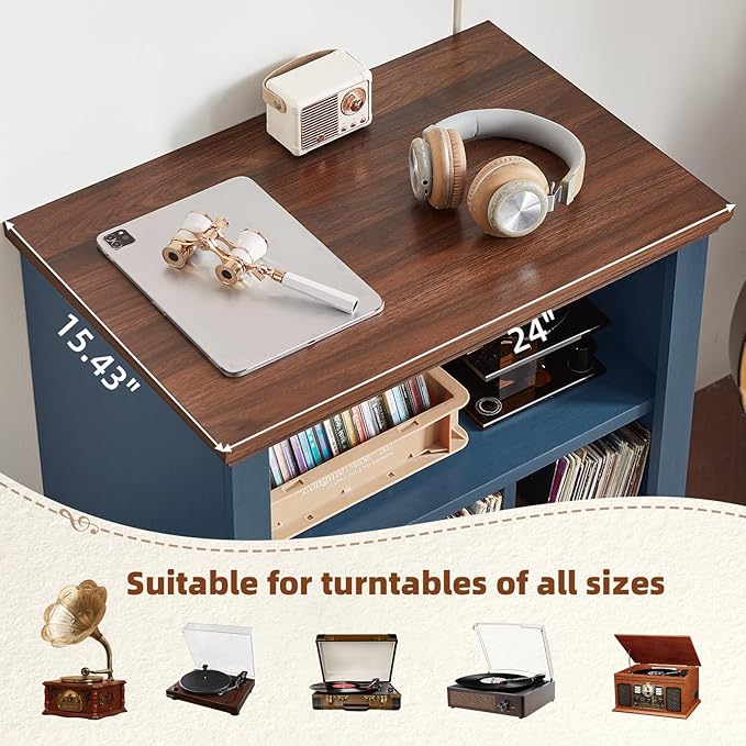 Joaxswe Record Player Stand with Vinyl Record Storage, 24" Wide Mid-Century Record Player Table Up to 200 Albums,Large Wood Turntable Stand Cabinet Dispaly Shelf for Living Room,Bedroom,Blue