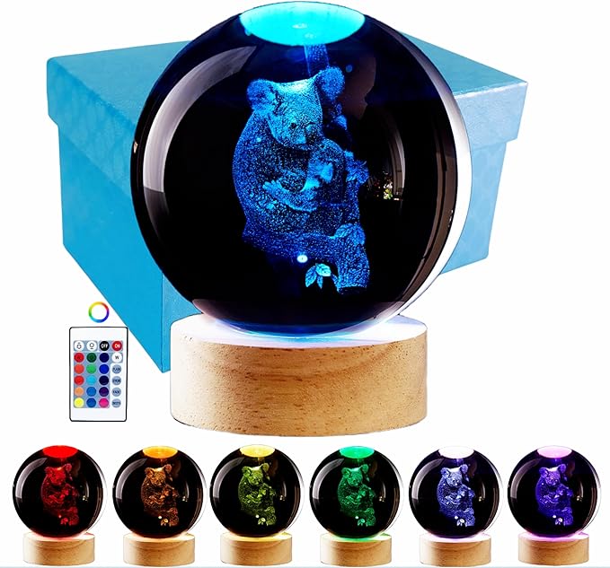 Conalisk 3D Koala Crystal Ball Lamp,Lifelike Bear Crystal Night Light,16 Colors Changing Light,Dimmable Remote Control,Desk Koala Lamp (M)