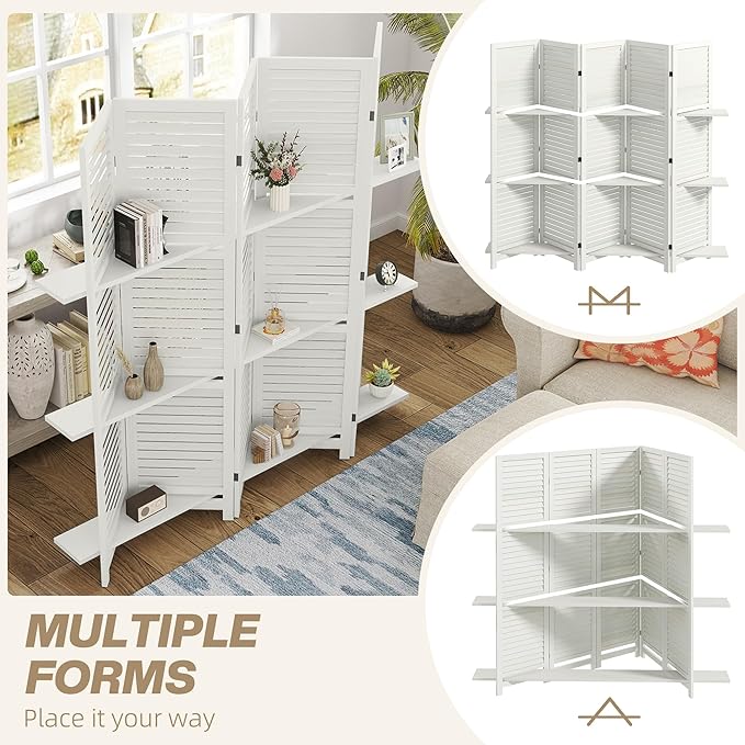 HOMCOM Room Divider, 5 Panel 67" Tall Wood Privacy Screen with 3 Display Shelves, and Folding Storage for Bedroom or Home Office, White