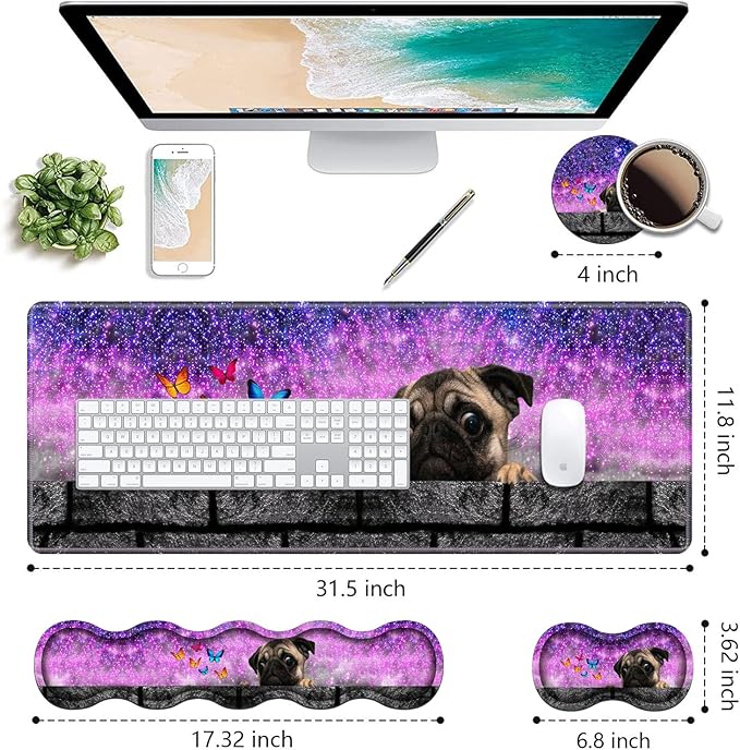 Ergonomic Keyboard Wrist Rest & Mouse Pad Wrist Rest Set, Large XXL Gaming Desk Mat 31.5"x 11.8" with Non-Slip Base, Memory Foam, Easy Typing Pain Relief for Home & Office, Cute Pug and Butterfly