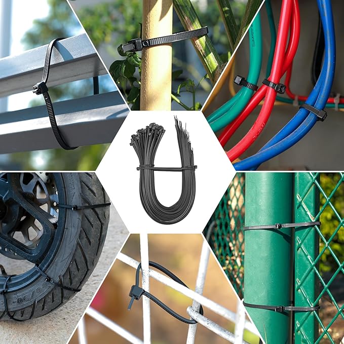 Symretie Assorted Zip Ties (400 Pack) - 6+8+12+14 Inch Double Sided Toothed, 100 LBS Tensile Strength. Heavy Duty Self-Locking Adjustable Nylon Cable Ties, More Durable for Indoor & Outdoor Use.