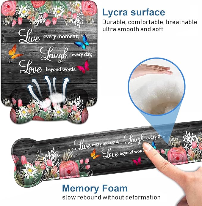Keyboard Wrist Rest + Mouse Pad Wrist Support Set with Coasters, Non-Slip PU Base Ergonomic Mousepad for Home Office Working Studying Easy Typing & Pain Relief, Floral Quote Live Laugh Love
