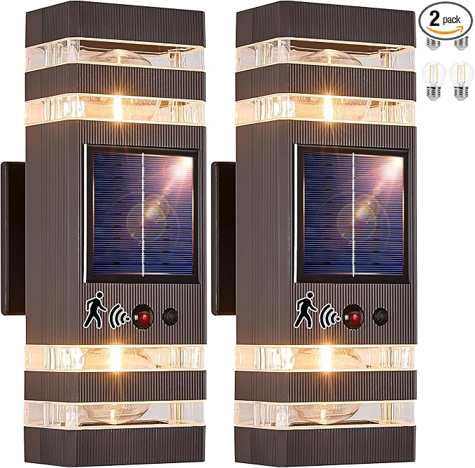 Oil Rubbed Bronze Solar Outdoor Wall Lights with 3-Mode Motion Sensor Outside Sconces Up Down Solar Porch Light Fixtures 3000K 500LM Dusk to Dawn Modern Exterior Wall Lamp for House Garage Front Door