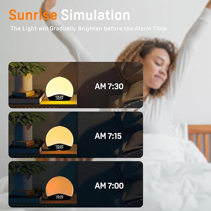 Wake Up Light Sunrise Alarm Clock for Kids, Heavy Sleepers, Bedroom, White Noise Sound Machine with 5W Stereo Bluetooth Speaker, 25 Natural Sounds, Dual Alarms, 17 Color Night Lights, Ideal for Gift