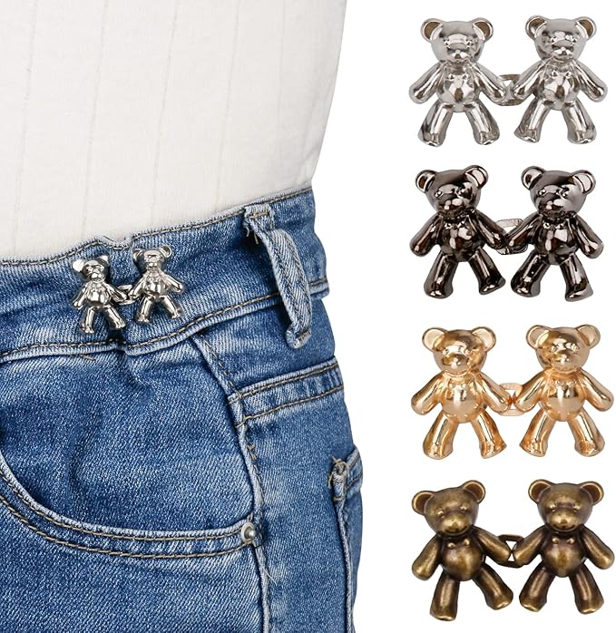 TOOVREN Cute Bear Button Pins for Jeans, No Sew and No Tools Instant Pant Waist Tightener, Adjustable Jean Buttons Pins for Loose Jeans 4 Sets Replacement Pant Clips for Waist Buckle