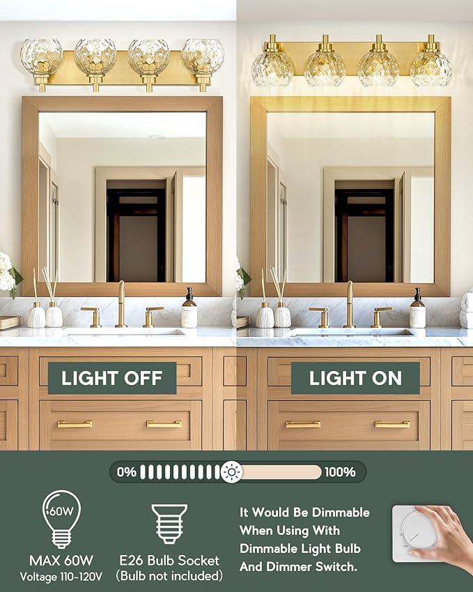 METWET Bathroom Light Fixtures Over Mirror, 26" Brushed Gold Bathroom Vanity Light with Clear Hammered Glass Globe Shade, 4-Light Modern Sconces Wall Lighting, VL200-BG-CL-4