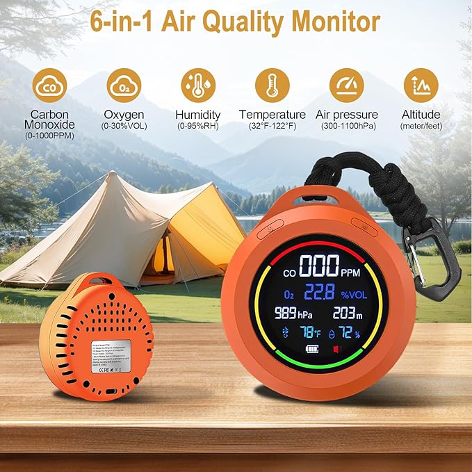 Portable Carbon Monoxide Detectors, 6-in-1 CO Detector, CO/O2/Temperature/Humidity/Altitude/Atmospheric Pressure, Portable Oxygen Detector with Alarm & Color Backlight, for Indoor, Camping, RV,Travel