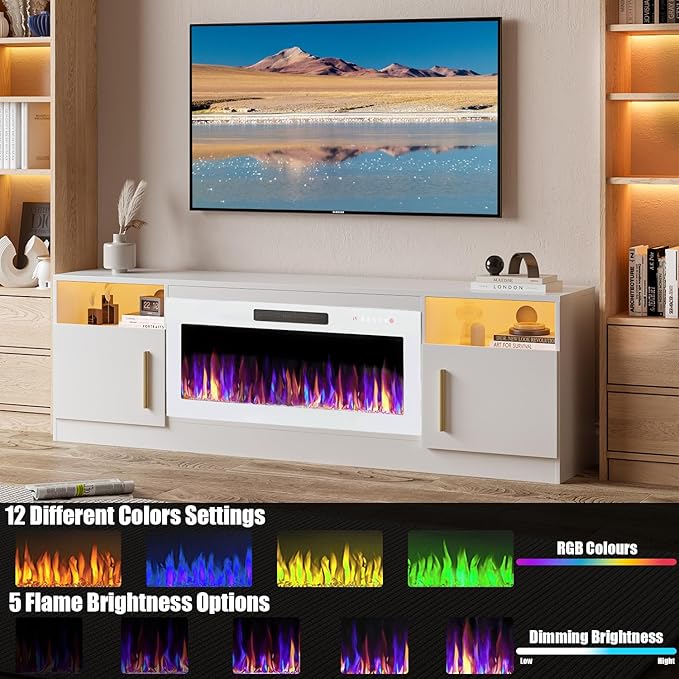 VITESSE TV Stand Fireplace with 36" inch Electric Fireplace Up to 80" TVs, LED Light Entertainment Center, 70" Modern Wood High Gloss with Highlight Storage Cabinet for Living Room (White)