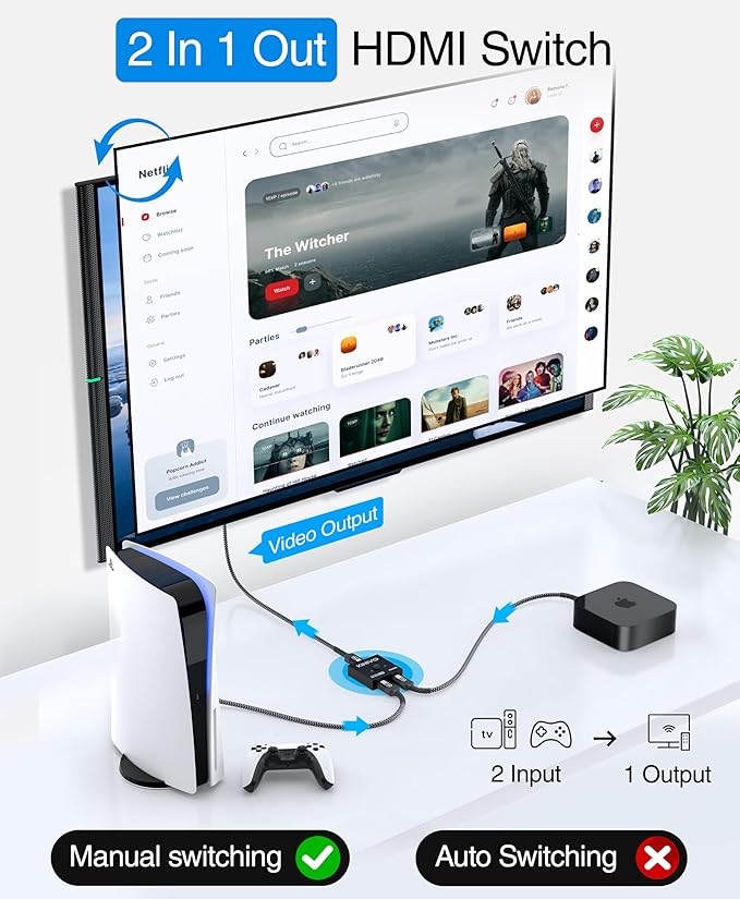 Kinivo 8K HDMI Switch 2 in 1 Out - (Uni-Directional, 8K 60Hz, Ultra HD Switcher Hub, 48Gbps HDMI Hub, HDR10+ Selector, Manual Switching Only) - Compatible with HDTV, PS5/4, Xbox, Projector