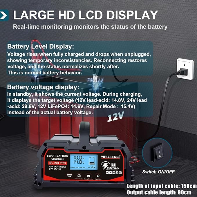 Battery Charger 20A, 12V/24V Lead Acid Smart Battery Charger, 12V LiFePO4 Car Battery Trickle Charger, Automatic Battery Maintainer for Car Motorcycle Lawn Mower Marine Boat Lead Acid Batteries