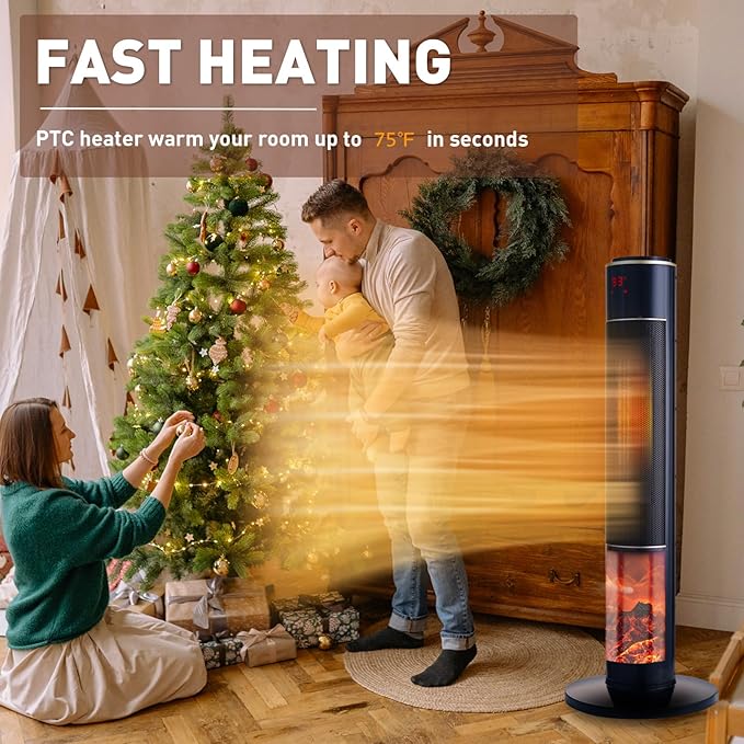 Portable Electric Space Heater for Large Room 37" Ceramic Tower Heater with 3D Flame for Room Heating,Oscillating,Remote Control,Tipover &overheating protection for Indoor Use(Black-I)
