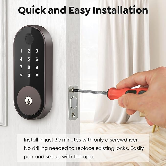 Fingerprint Smart Deadbolt with Keypad – Keyless Entry Lock for Home, Apartment, Office, Airbnb, Rental, Kids & Seniors, App & Code Access, Auto-Lock, Easy DIY Install, Compatible with Alexa & Google
