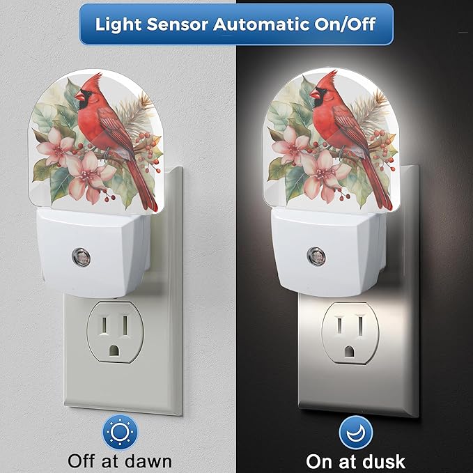 YESPOAK Night Light,Red Cardinal Bird Flowers Night Lights Plug Into Wall for Bedroom Bathroom Kitchen Hallway Stairs Hallway, Plug-in, Energy Efficient Decor Desk Lamp Gifts