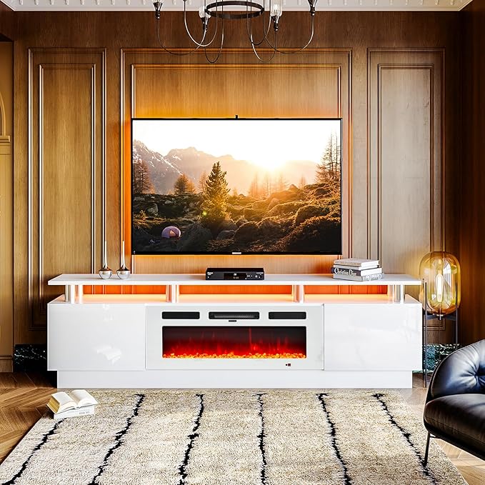 oneinmil 80" Modern Electric Fireplace TV Stand for TVs Up to 90 inch, with Electronic Flame and LED Lights, Luxury High Gloss Finish Entertainment Center, TV Console Cabinet for Living Room, White