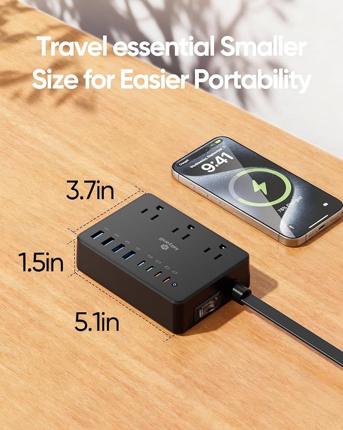 Kakyanill 100W Power Strip, 6 AC Outlets 8 USB Ports(4 USB C) with 2000J Surge Protector, 5ft Flat Plug Extension Cord, Compact for Desk Home Office Dorm, Black