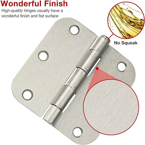 18 Pack Rounded Brushed Nickel Door Hinges 3-1/2" x 3.5 Inch 5/8 Radius for Interior Doors 3 ½ Inch Heavy Duty Hardware Fittings No Squeak House Villa Cando Loft Home Room Ironmongery Satin Sliver