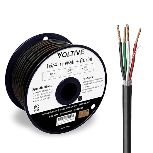 Voltive 16/4 Speaker Wire, in-Wall CL3 & Direct Burial, Black, 100ft - 16AWG, 4 Conductors, Stranded Oxygen-Free Copper, UL Listed - V-1211-1