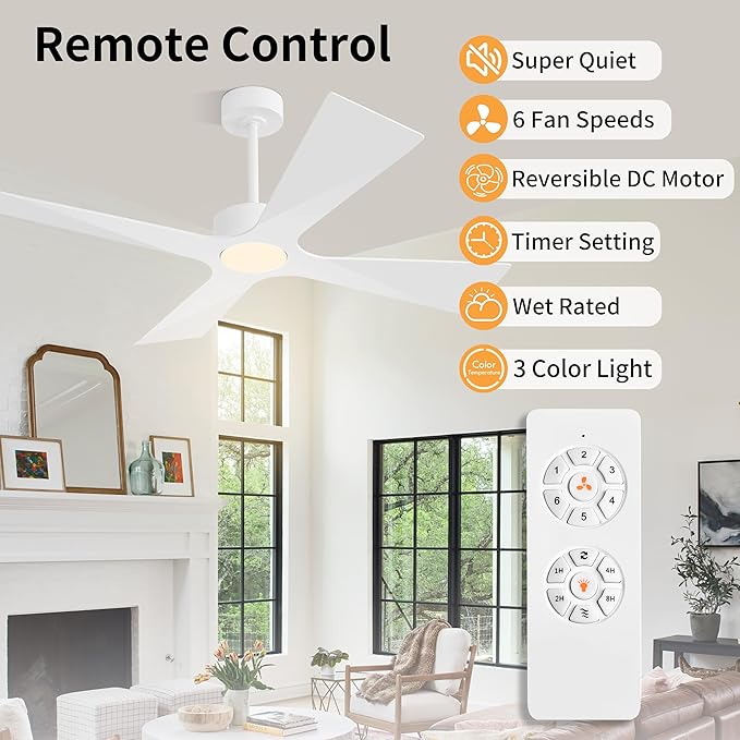 WINGBO 64" Wet Rated Outdoor Ceiling Fan with Lights, 4 ABS Plastic Blades, Reversible DC Motor, 6-Speed Remote Control, 3 CCT, Waterproof Ceiling Fan for Patio Porch Gazebo Garage, Gloss White
