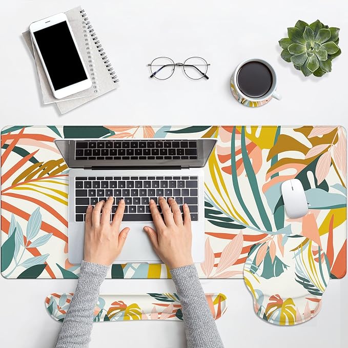 Britimes Bohemian Rainforest Keyboard Mouse Pad Set 4in1 Large Mousepad+Keyboard Wrist Rest+Mouse Wrist Rest+Coaster Set with Ergonomic Design for Home Office Computer 35.4x15.7 inches