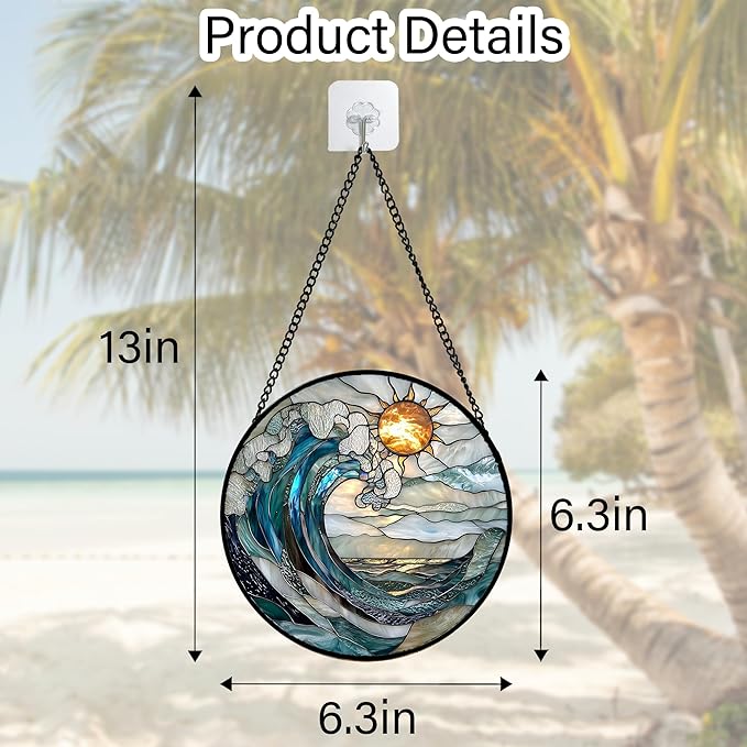 DASTOLL Stained Glass Window Hanging, Blue and White Waves Suncatcher Diamond Glass Panel Landscape Sun Catchers Decor for Birthday for Women, Men, Wife, Aunt, and Mom 6.3 x6.3 in