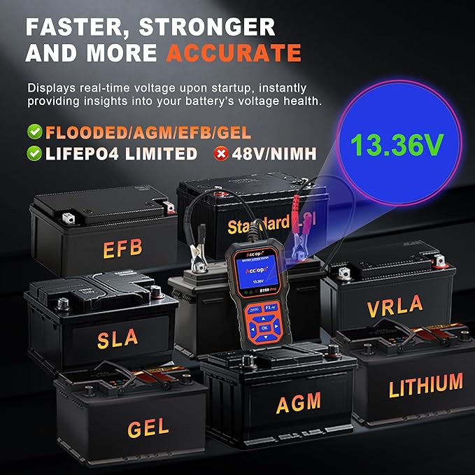 BT60 Pro Acclope Car Battery Tester with Cloud Printing 100-3000 CCA 6V 12V 24V AGM Lithium Gel Battery Checker Automotive Alternator Digital Analyzer Charging Cranking System Vehicles Truck Home-use