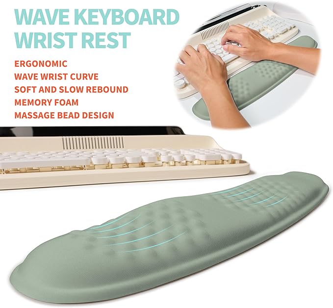 KUOSGM 2-in-1 Ergonomic Set, Wave Rise Keyboard Wrist Rest and Massage Bulge Slope Mouse Pad Wrist Support, Cushion Memory Foam Integrated to Relieve Wrist Pain, Light Green