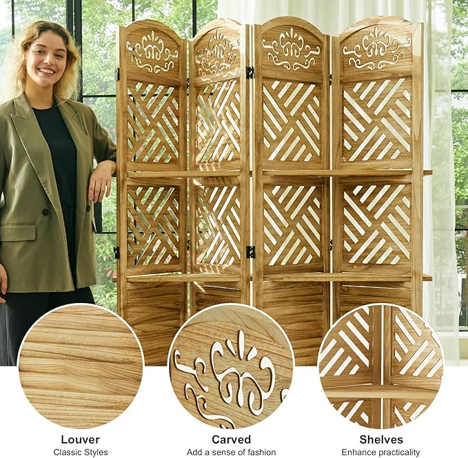 Svimi Room Divider with Shelves, 68.9inch Wood Carved and Louvered Wall Divider Freestanding, 4 Panels Folding Partition Screen for Bedroom Home Office (Natural)