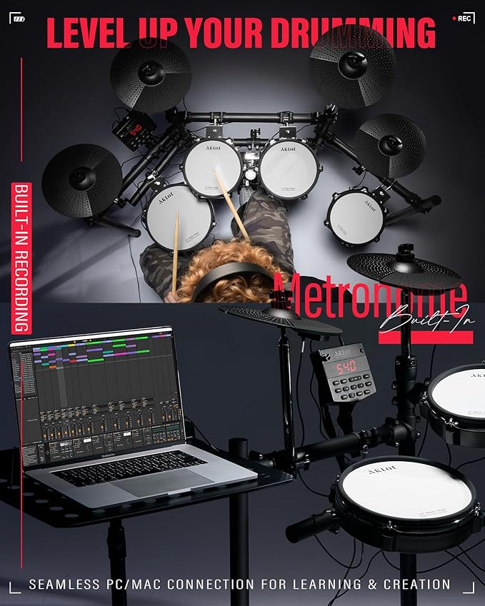 AKLOT Electric Drum Set with Kick-Tower: 4 Dual Zone Mesh Pads, 8’’ Tower-Style Kick Drum, 10’’ Snare, Dual Zone 10’’ Cymbals with Choke, 360 Sounds, User Kit, USB-MIDI, Throne, B-CORE 540 Air, Black