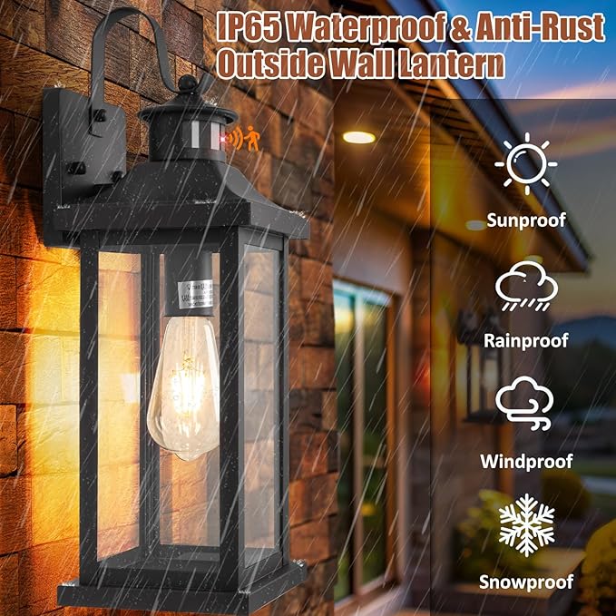 Roravilila 18 Inch Motion Sensor Outdoor Lights 2-Pack, Large Black Dusk to Dawn Outdoor Porch Lights for House IP65 Waterproof Exterior Lighting Fixtures for Front Door Garage Lantern Sconces
